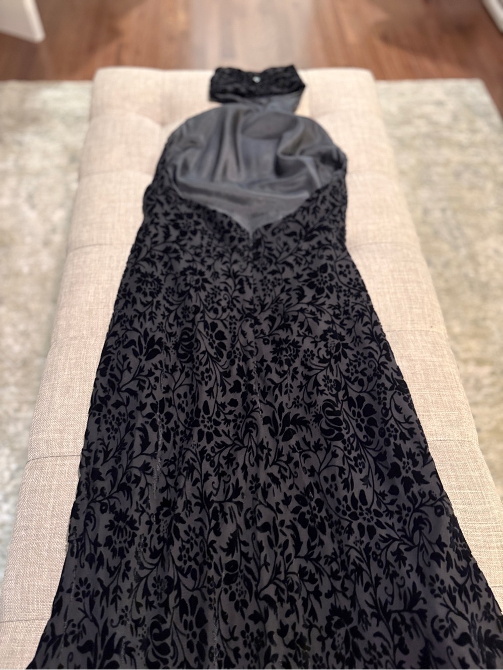 Vintage Ralph Lauren Black Floral Devore Halter Maxi Dress with Short Back Train - Picture 10 of 11